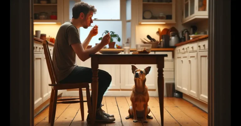 dog watches its owner eating